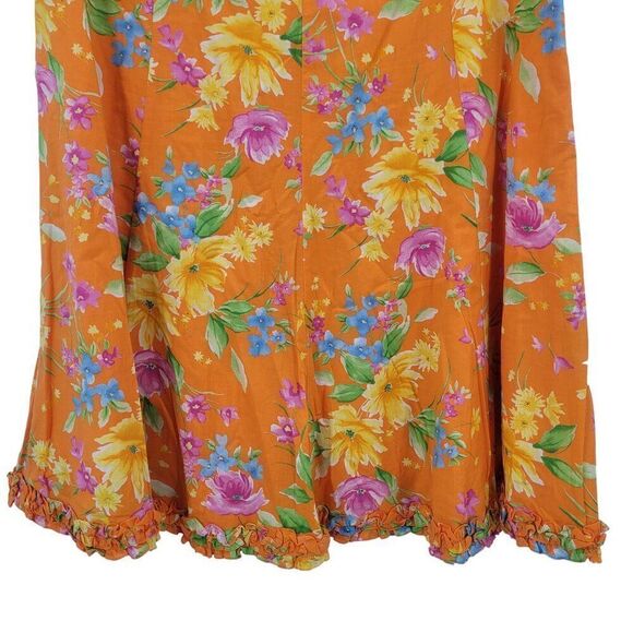 Vintage 90s Skirt 12 Orange Floral Cotton Paneled Tea Length A-line Ruffle Hem - Picture 9 of 10